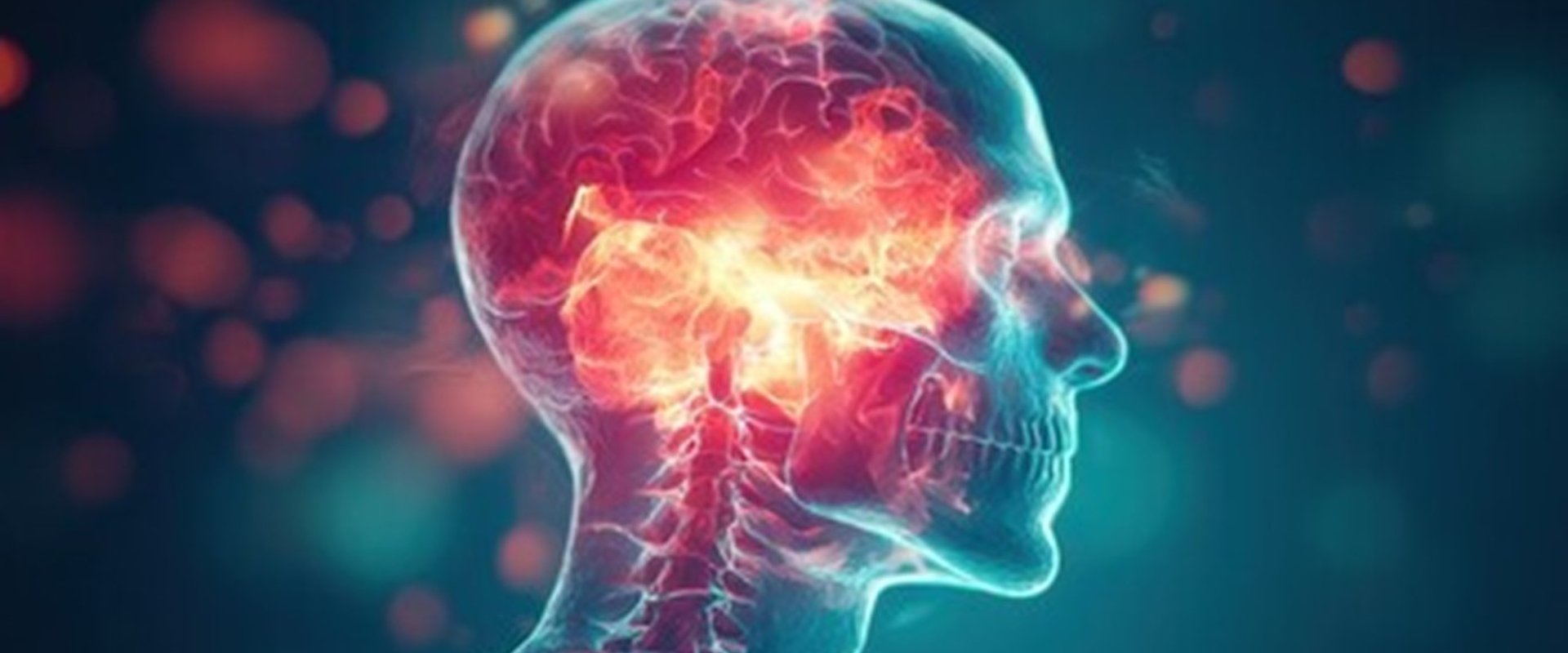 Illustration eines menschlichen Kopfes im Profil mit leuchtendem Gehirn und Nervenbahnen
