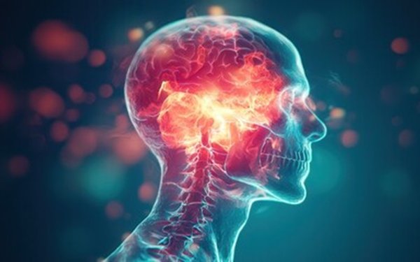 Illustration eines menschlichen Kopfes im Profil mit leuchtendem Gehirn und Nervenbahnen