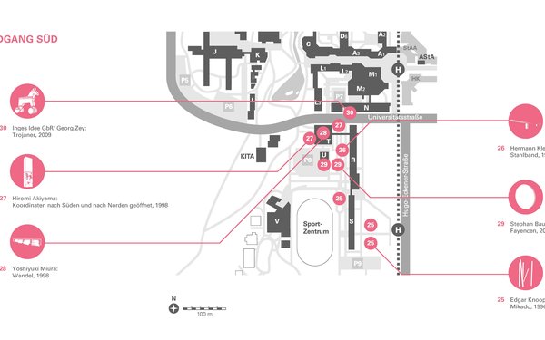 Auf dem Bild sieht man den Lageplan des Campus mit dem Rundgang Süd