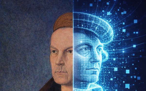 Zeigt ein Porträt von Jakob Fugger und daneben (gespiegelt) seinen von Chat GPT erzeugten digitalen Zwilling