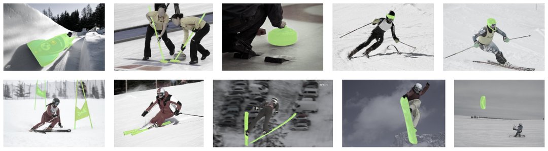 Mehrere Fotos von Wintersportgeräten, welche in Rahmen der dazu passenden Sportart genutzt werden. Die Geräte selbst sind mit Segmentierungsmasken markiert.