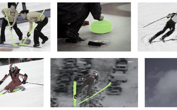 Mehrere Fotos von Wintersportgeräten, welche in Rahmen der dazu passenden Sportart genutzt werden. Die Geräte selbst sind mit Segmentierungsmasken markiert.