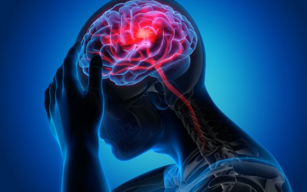 Graphic of a transparent head with brain and upper body against a blue background. A large red area can be seen in the brain.