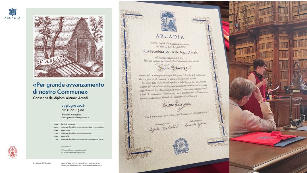 Plakat, Ernennungsurkunde und Foto der Diplomverleihung der Accademia dell'Arcadia