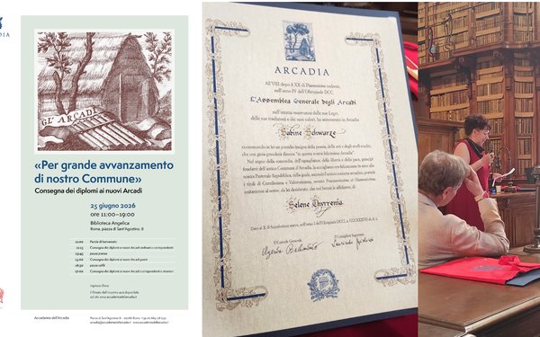 Plakat, Ernennungsurkunde und Foto der Diplomverleihung der Accademia dell'Arcadia