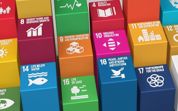 Farbige Bausteine symbolisieren die Sustainable Development Goals. Darauf ist jeweils der Name des Ziels und ein Symbol abgebildet.
