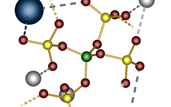 Grafik eines Borosulfats aus der j��ngst ver?ffentlichten Studie. Zu sehen sind gro?e blaue und kleinere graue, gelbe und rote Kugeln, die durch Linien miteinander verbunden sind.