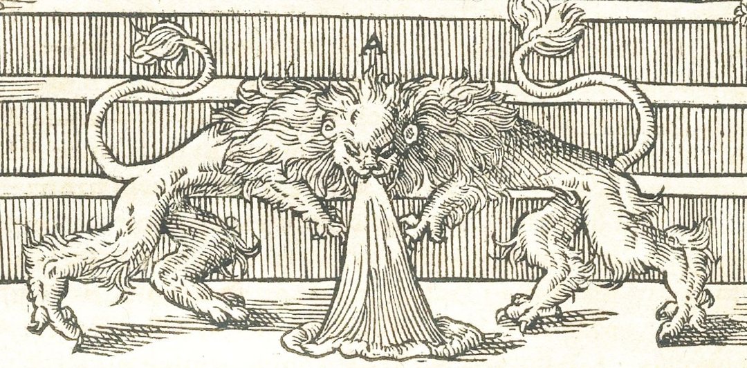 Kupferstich Löwenthron aus Andreas Libavius: Commentariorum alchemiae Pars secunda, Frankfurt 1606