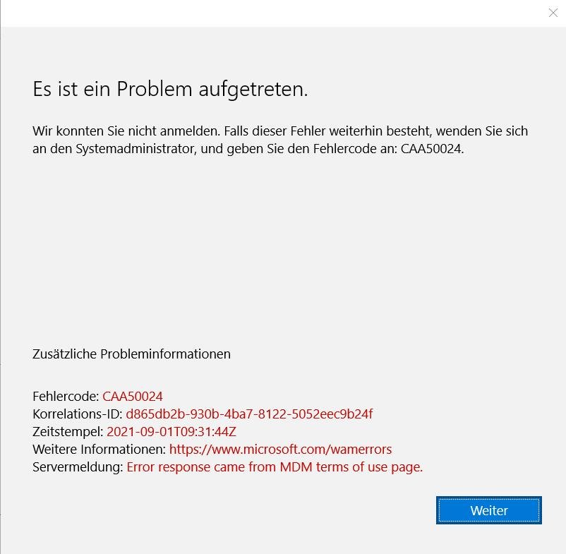 Fehlermeldung CAA 50024 beim Anmelden für Microsoft Office 365