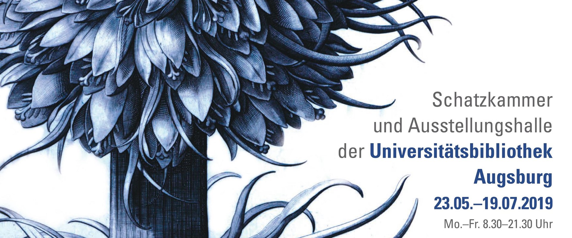 Ein Ausschnitt einer blau colorierte Pflanze ist zu sehen. Auf der rechten Seite befinden sich noch Veranstaltungsdaten zur Ausstellung