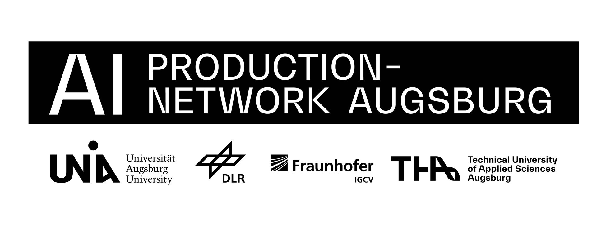 The word mark shows the words “AI Production Network” in a black bar. Below this are the logos of the four partners: the University of Augsburg, DLR ZLP Augsburg, Fraunhofer IGCV, and Technical University of Applied Sciences Augsburg.
