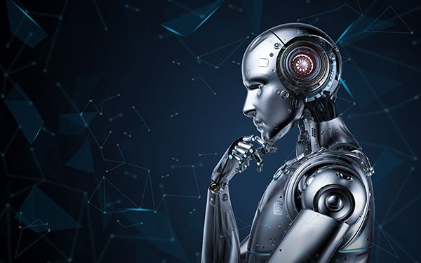 Robotermensch, der vor dem Hintergrund der Gestirne denkt