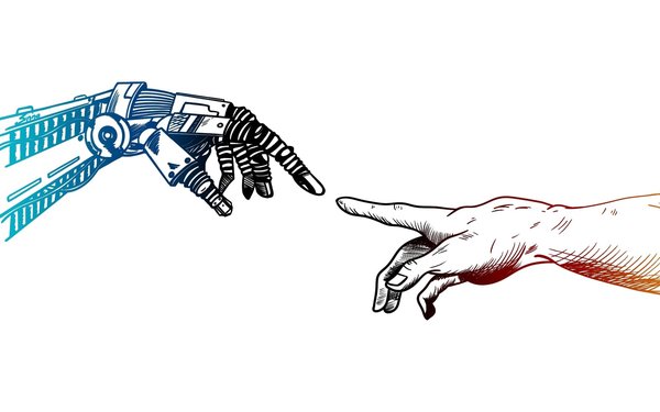 Man sieht eine Roboter-Hand und eine menschliche Hand, die sich ber��hren. Die Geste entspricht der ber��hmten "Erschaffung des Adam" von Michelangelo.