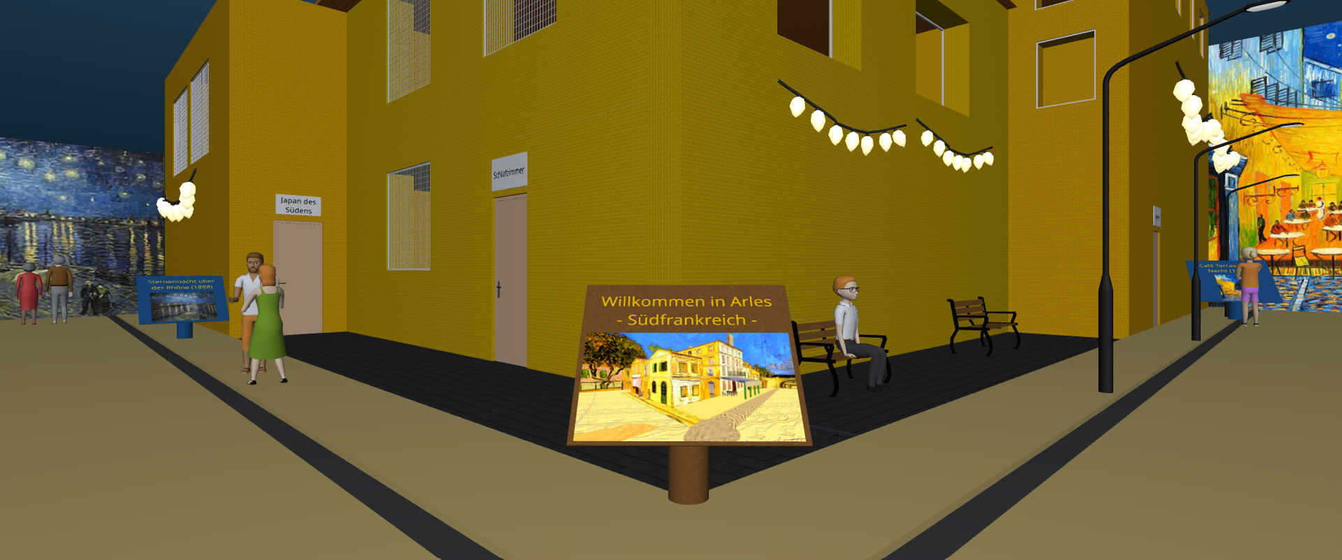 Das Bild zeigt ein kastenförmiges Gebäude. Der Hintergrund sind Ausschnitte von Van-Gogh-Werken und vor dem Gebäude stehen Tafeln, die Gemälde von Van Gogh zeigen.