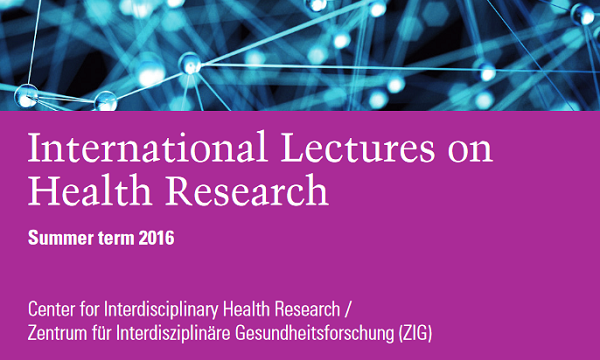 Im oberen Teil des Bildes ist ein blaues Netz mit Tropfen zu stehen, im unteren Teil steht der Text 'International Lectures on Health Research Summer term 2016' in weißer Schrift vor einem lila Hintergrund