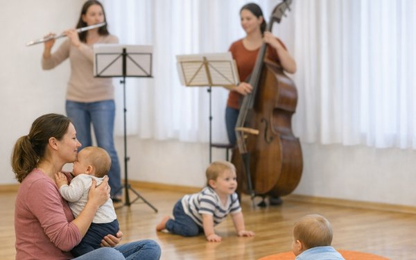 Krabbelkonzert (Symbolbild mit Musikerinnen im Hintergrund, Erwachsenen und Babys im Vordergrund)