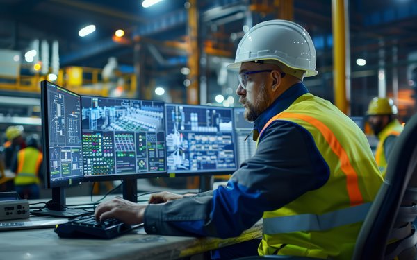 Industriemitarbeiter vor Fertigungsüberwachung am PC
