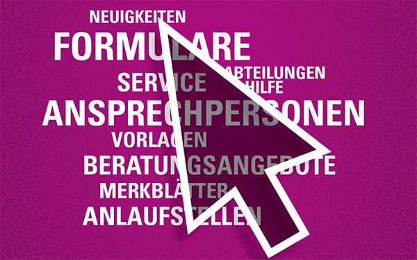 Wortwolke auf magenta Hintergrund, ein Mauspfeil liegt transparent darüber