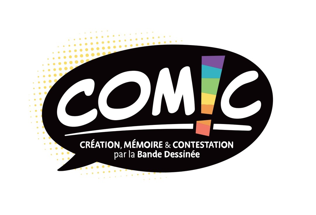 Logo "COMIC" – Sprechblase mit dem Untertitel "Création, mémoire & contestation par la bande dessinée"