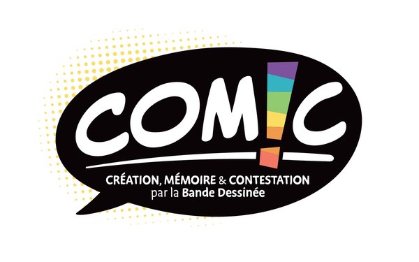 Logo "COMIC" – Sprechblase mit dem Untertitel "Création, mémoire & contestation par la bande dessinée"
