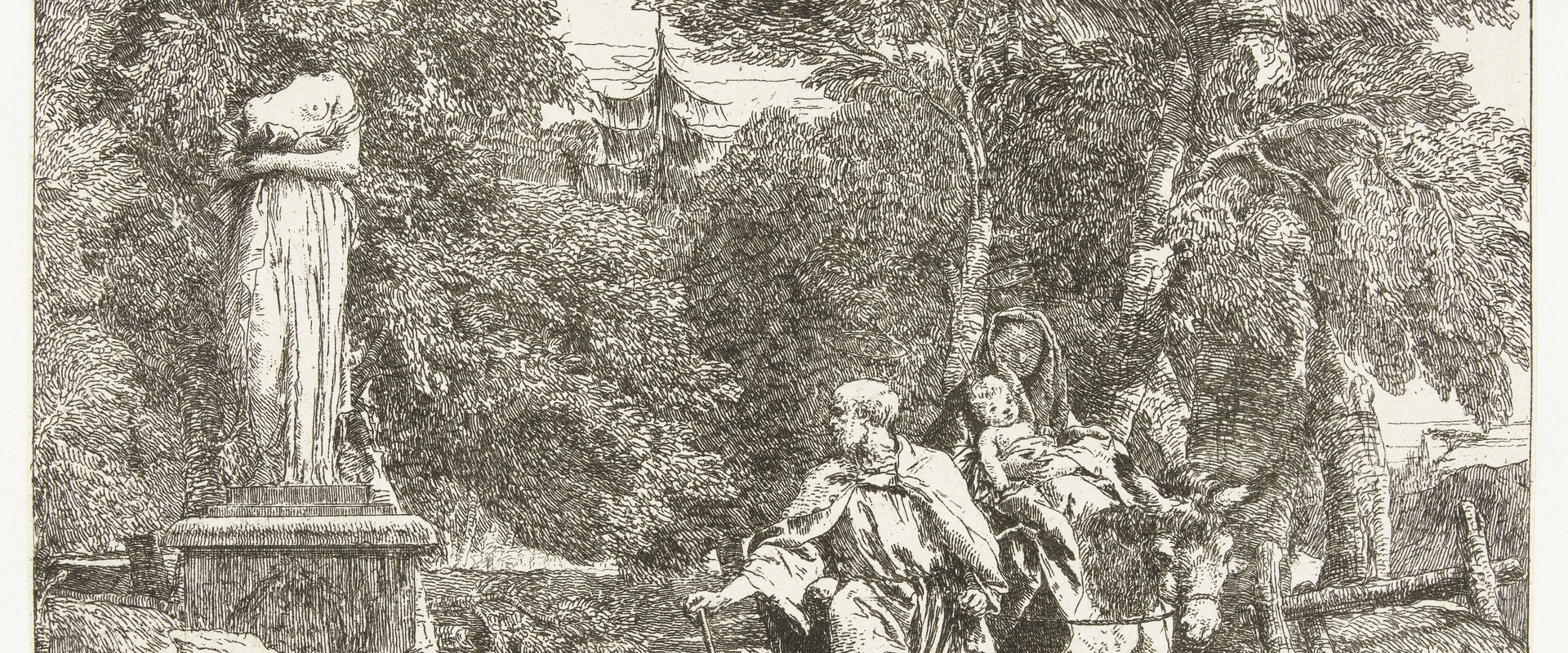 Radierung von Giovanni Domenico Tiepolo, die die heilige Familie auf der Flucht nach Ägypten zeigt