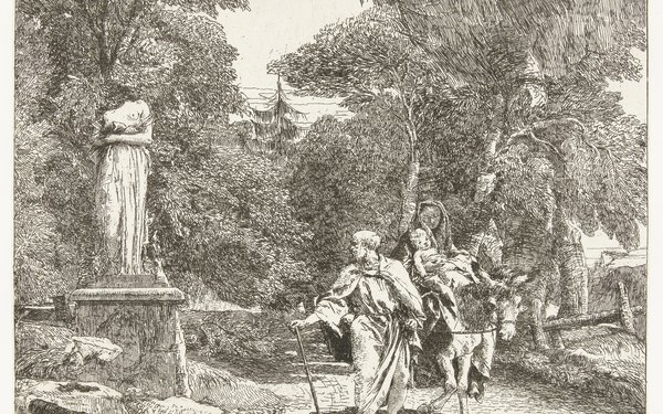 Radierung von Giovanni Domenico Tiepolo, die die heilige Familie auf der Flucht nach Ägypten zeigt