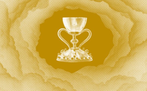 In gelb gehaltene Grafik: In der Bildmitte vor dunklem Hintergrund ein Pokal. Außen herum in helleren Tönen eine Art Röhre aus Wolken.