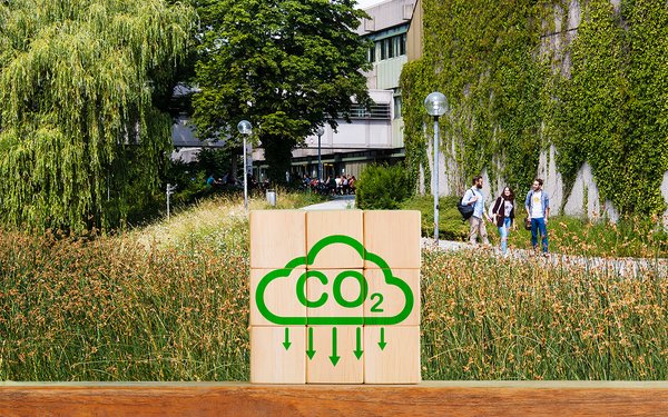 Vordergrund Holzobjekt mit CO2-Symbol, Hintergrund Campusgebäude und Studierende