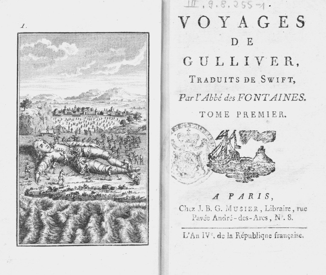 Frontispiz und Titelseite einer französischen Übersetzung von Jonathan Swifts 'Gulliver's Travels'