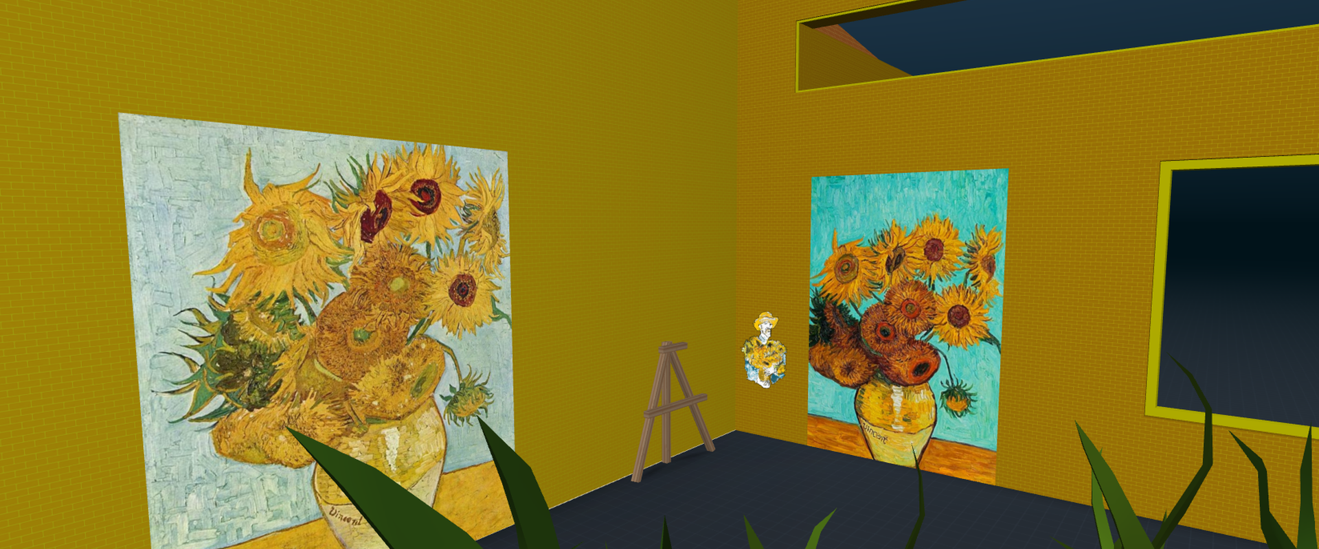 Das Bild zeigt einen Ausstellungsraum, an dessen Wänden Werke von Van Gogh mit dem Motiv Sonnenblumen zu sehen sind.