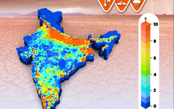 Das Tiefland von Indus und Ganges (roter Bereich oben) könnte zwischen 2061 und 2100 besonders stark unter dem Klimawandel leiden. Die Rotfärbung zeigt eine starke Zunahme der Exposition der Bevölkerung gegenüber der Anzahl von kombinierten Extremwetterer