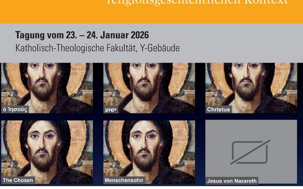 Video-Call-Kacheln mit Jesus-Bildern, eine mit ausgeschaltetem Bildschirm, Tagungsinformationen