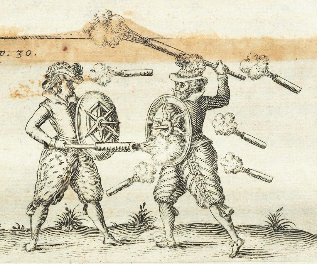 Kupferstich zwei Kämpfende aus Diego Ufano: Archeley,  Frankfurt 1614