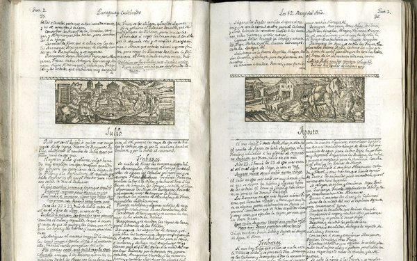 A double page with text in small handwriting with two printed images of agricultural processes.