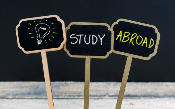 3 Schilder mit Glühbirne, dem Wort "Study" und dem Wort "Abroad"