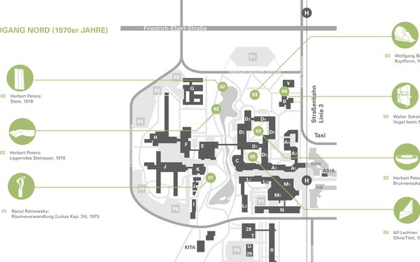 Man sieht auf dem Bild einen Ausschnitt des Lageplans der Universität Augsburg mit Illustrationen der Kunstwerke