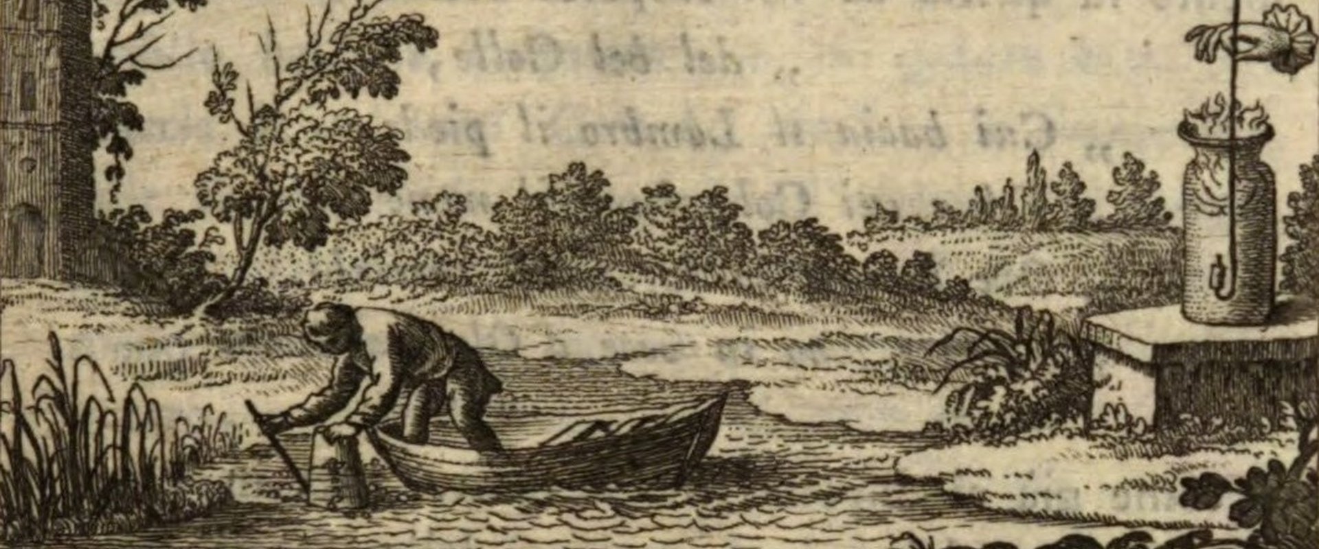 Drawing of a boat in the swamp from a work of Volta