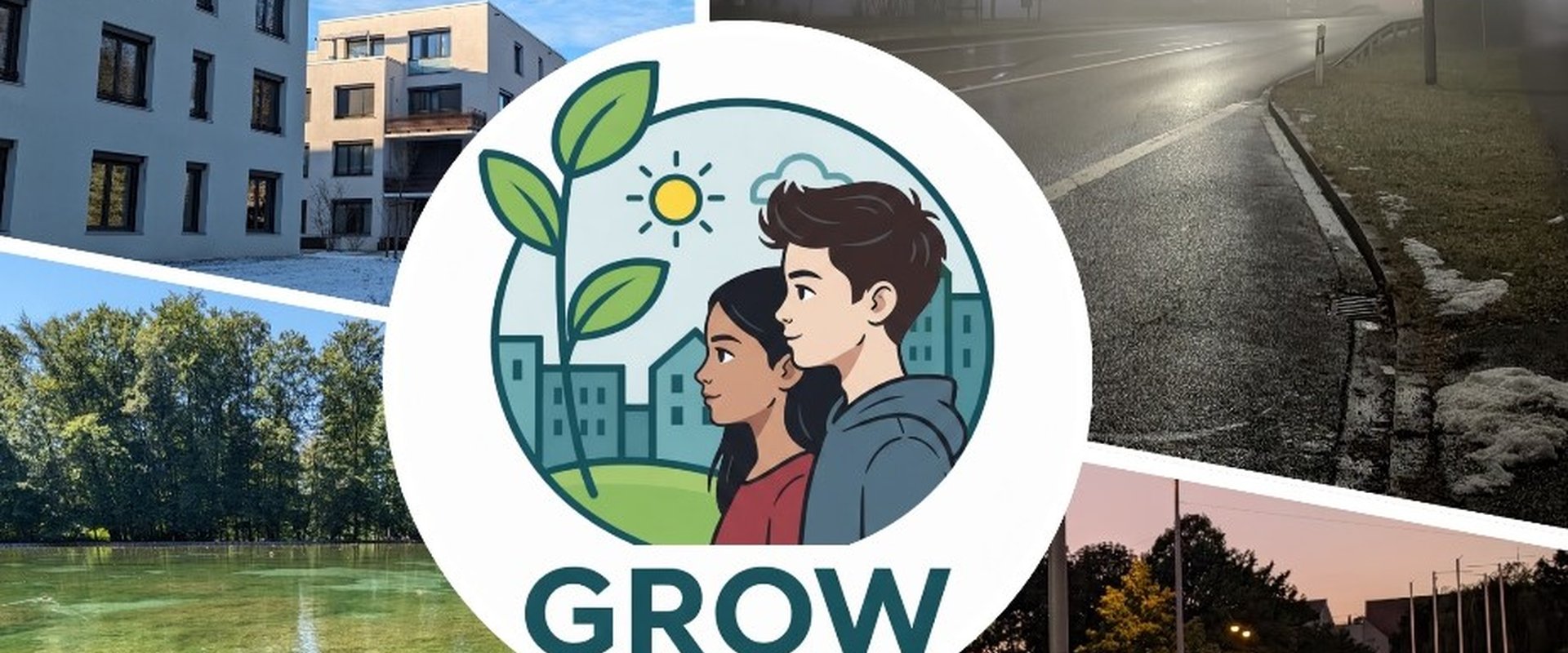 Das Logo der GROW Studie befindet sich in der Mitte der Abbildung. Au?enherum befinden sich vier Bild aus Augsburg, die Natur, Stadt und Verkehrsfl?chen zeigen