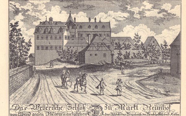Das Welserschloss in Neunhof, Kupferstich von Daniel Georg Heumann, um 1740. Bayerische Staatsbibliothek, 2 Bavar. 32 v-6/10, Bl. 4.