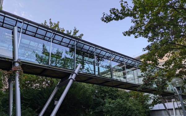 Vogelschutzmaßnahmen an der Glasfassade des Übergangs zwischen Haupt- und Teilbibliothek der Uni