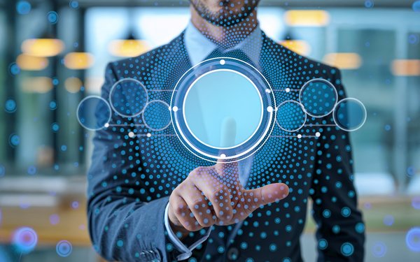 Das Bild zeigt eine konzeptionelle Darstellung von digitaler Technologie und Interaktion.