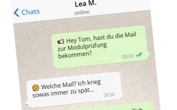 Screenshot eines (fiktiven) WhatsApp-Chats zwischen Studierenden