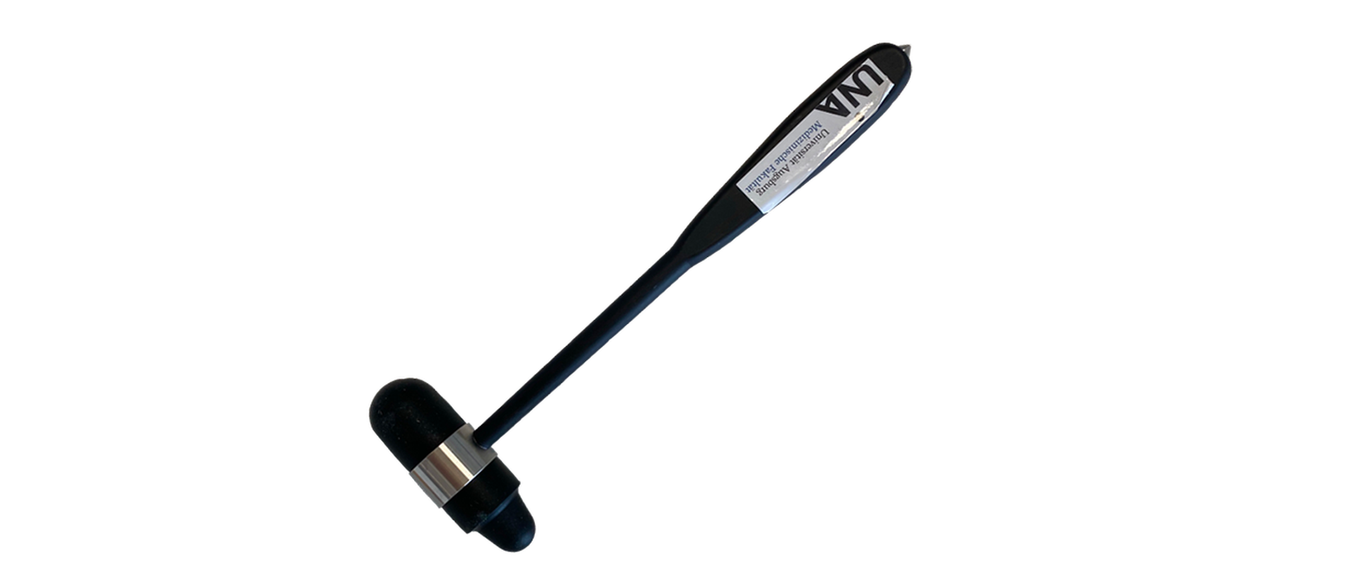 Der Reflexhammer besteht aus einem Hammerkopf mit einer schwarzen Gummikappe und einem Griff. Mit ihm werden Reflexe überprüft.