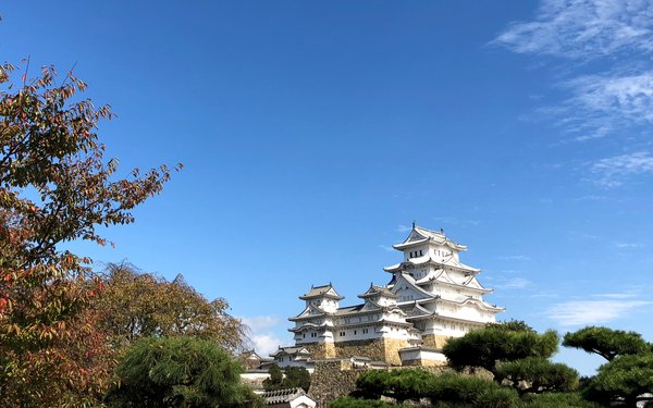 Japanischer Tempel unter strahlend blauem Himmel
